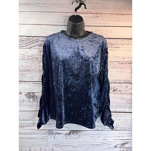 Mello Day Blue Velvet Long Sleeve Top M Crushed Pullover Ruched Witchy Whimsical